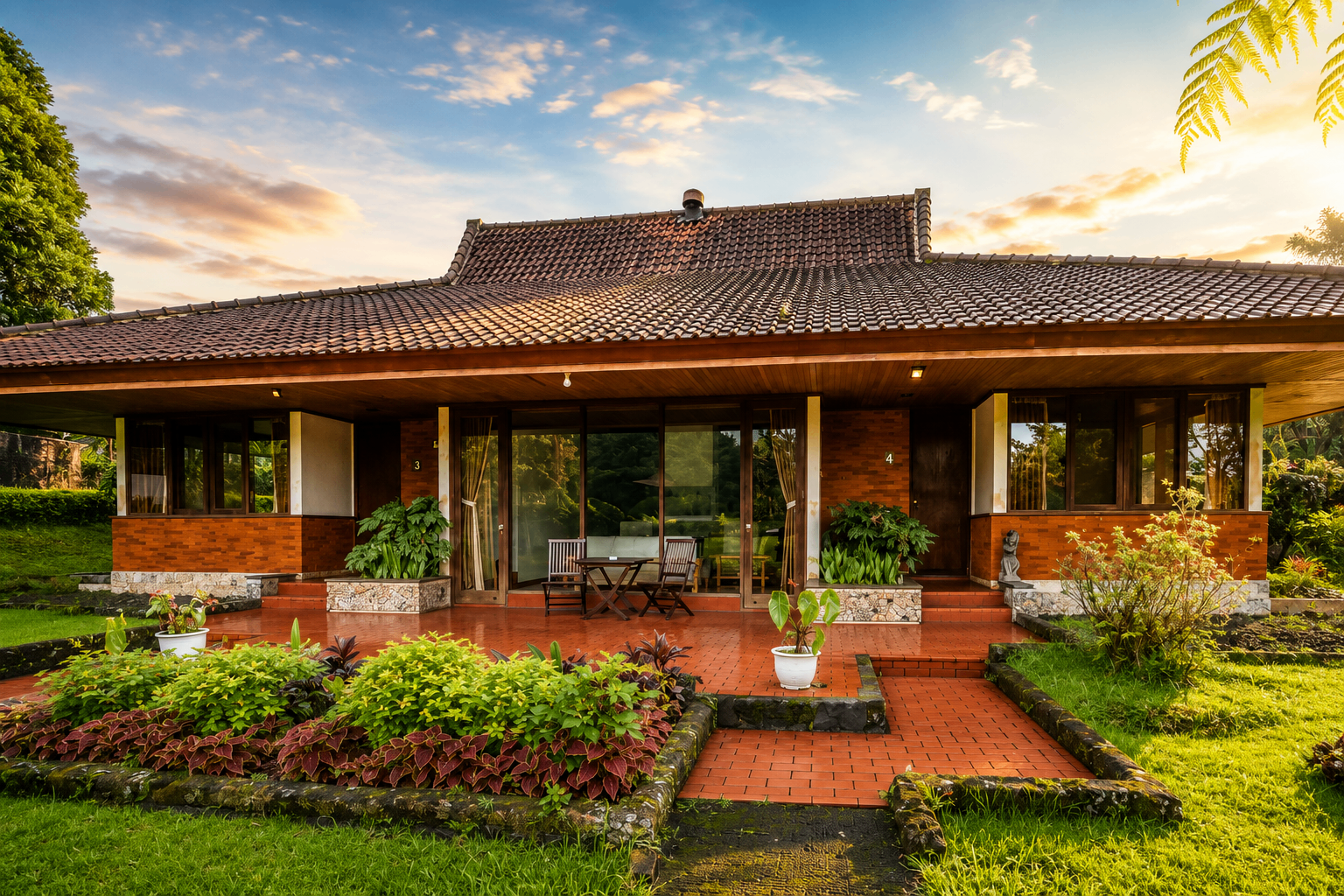Traditional Balinese villa terrace surrounded by tropical gardens